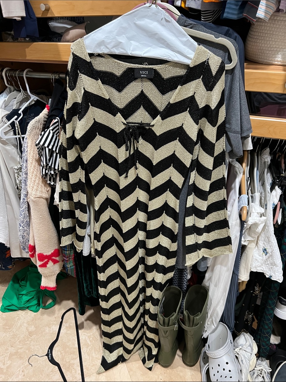 VICI Black & Cream Chevron Tie-Front Maxi Dress